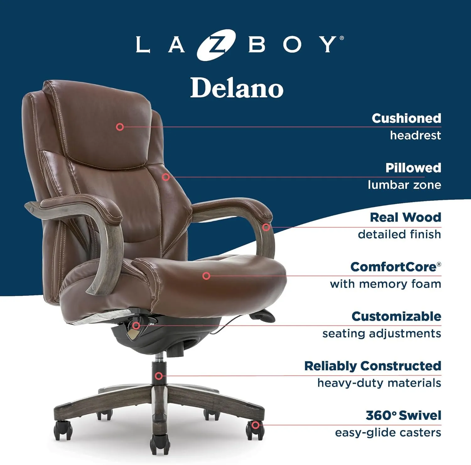 La-Z-Boy Delano Big & Tall Executive Office Chair, Ergonomic Mid-Back Lumbar Support, ComfortCore Memory Foam Cushion, Weathered Gray Wood Arms & Swivel Base, Bonded Leather, Chestnut Brown