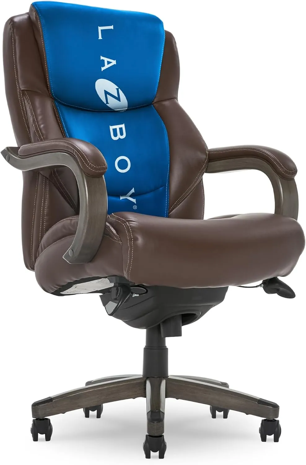 La-Z-Boy Delano Big & Tall Executive Office Chair, Ergonomic Mid-Back Lumbar Support, ComfortCore Memory Foam Cushion, Weathered Gray Wood Arms & Swivel Base, Bonded Leather, Chestnut Brown
