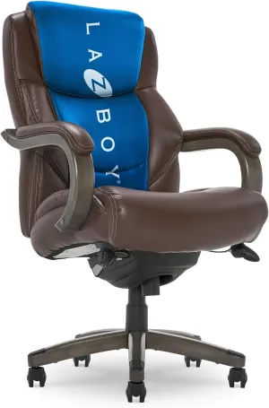 La-Z-Boy Delano Big & Tall Executive Office Chair, Ergonomic Mid-Back Lumbar Support, ComfortCore Memory Foam Cushion, Weathered Gray Wood Arms & Swivel Base, Bonded Leather, Chestnut Brown