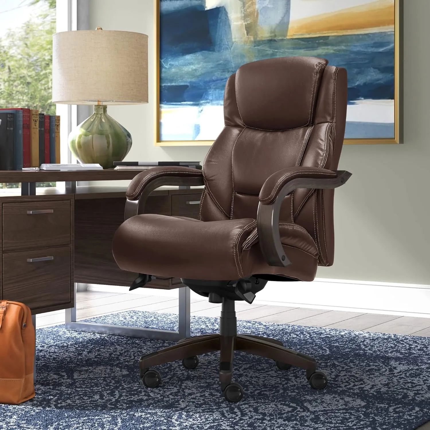 La-Z-Boy Delano Big & Tall Executive Office Chair, Ergonomic Mid-Back Lumbar Support, ComfortCore Memory Foam Cushion, Weathered Gray Wood Arms & Swivel Base, Bonded Leather, Chestnut Brown