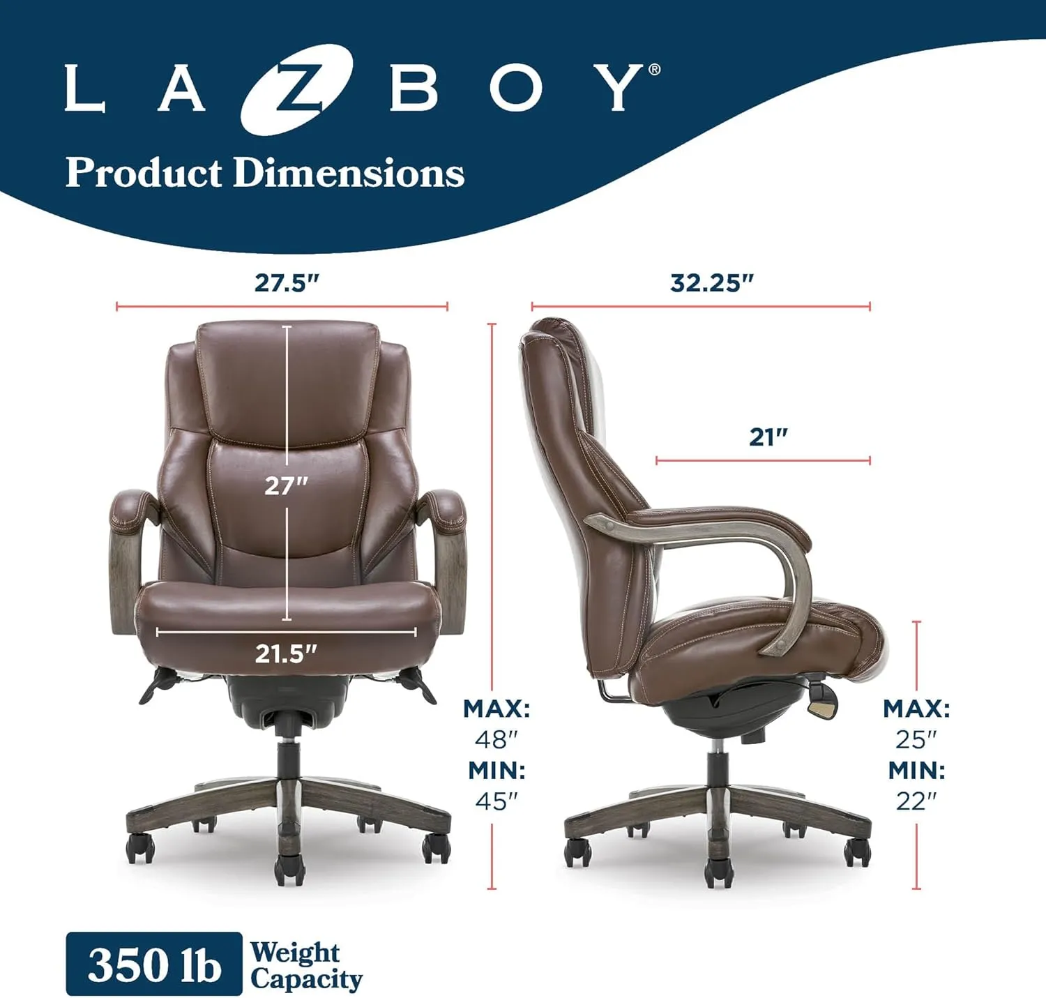 La-Z-Boy Delano Big & Tall Executive Office Chair, Ergonomic Mid-Back Lumbar Support, ComfortCore Memory Foam Cushion, Weathered Gray Wood Arms & Swivel Base, Bonded Leather, Chestnut Brown