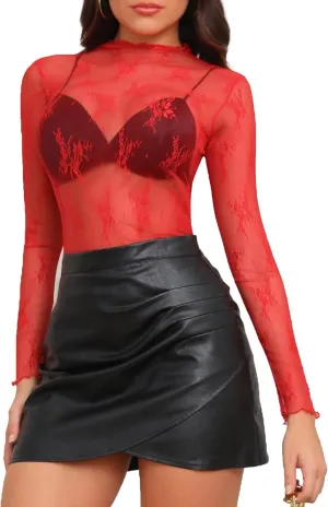 Lace Tops for Women Long Sleeve Mock Neck Mesh Top Sexy Sheer Shirts See Through Floral Blouses