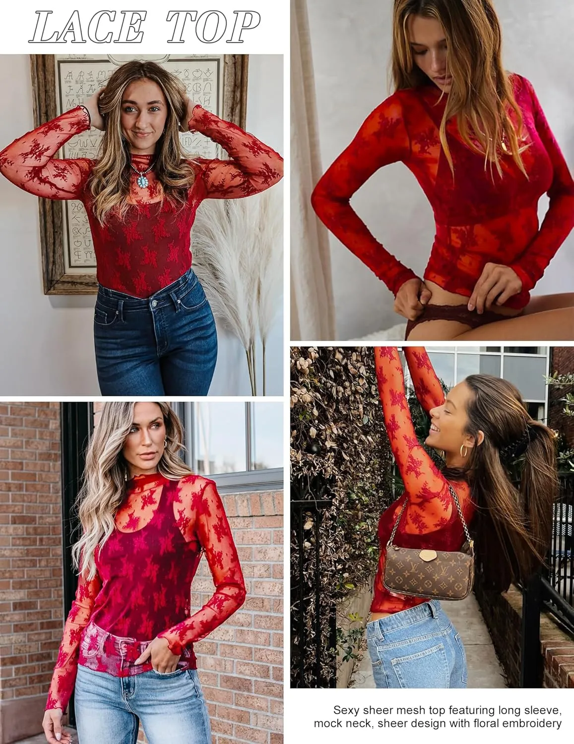 Lace Tops for Women Long Sleeve Mock Neck Mesh Top Sexy Sheer Shirts See Through Floral Blouses