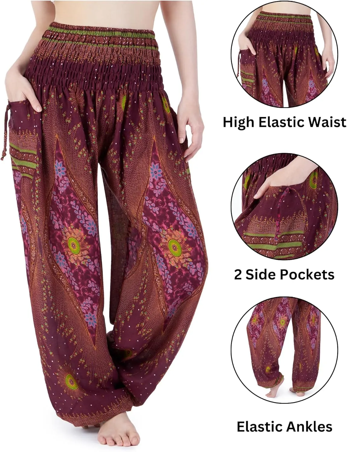 Lannaclothesdesign Women's Smocked Waist Boho Flowy Yoga Harem Pants Hippie Clothes