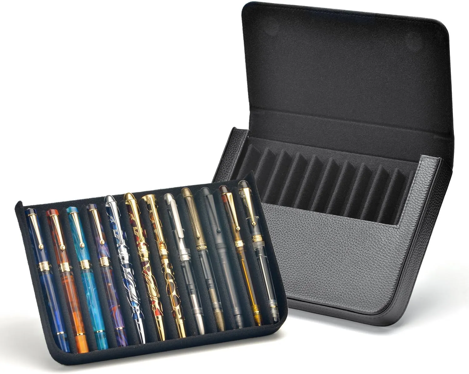 Lanxivi 12 Fountain Pen Case Genuine Black Leather Organizer, Portable Pen Bag Pouch Drawer Style