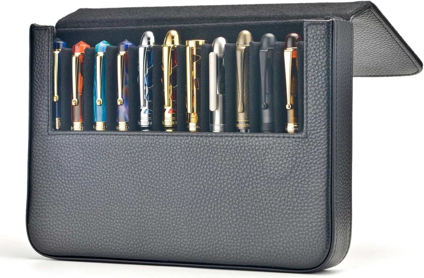 Lanxivi 12 Fountain Pen Case Genuine Black Leather Organizer, Portable Pen Bag Pouch Drawer Style