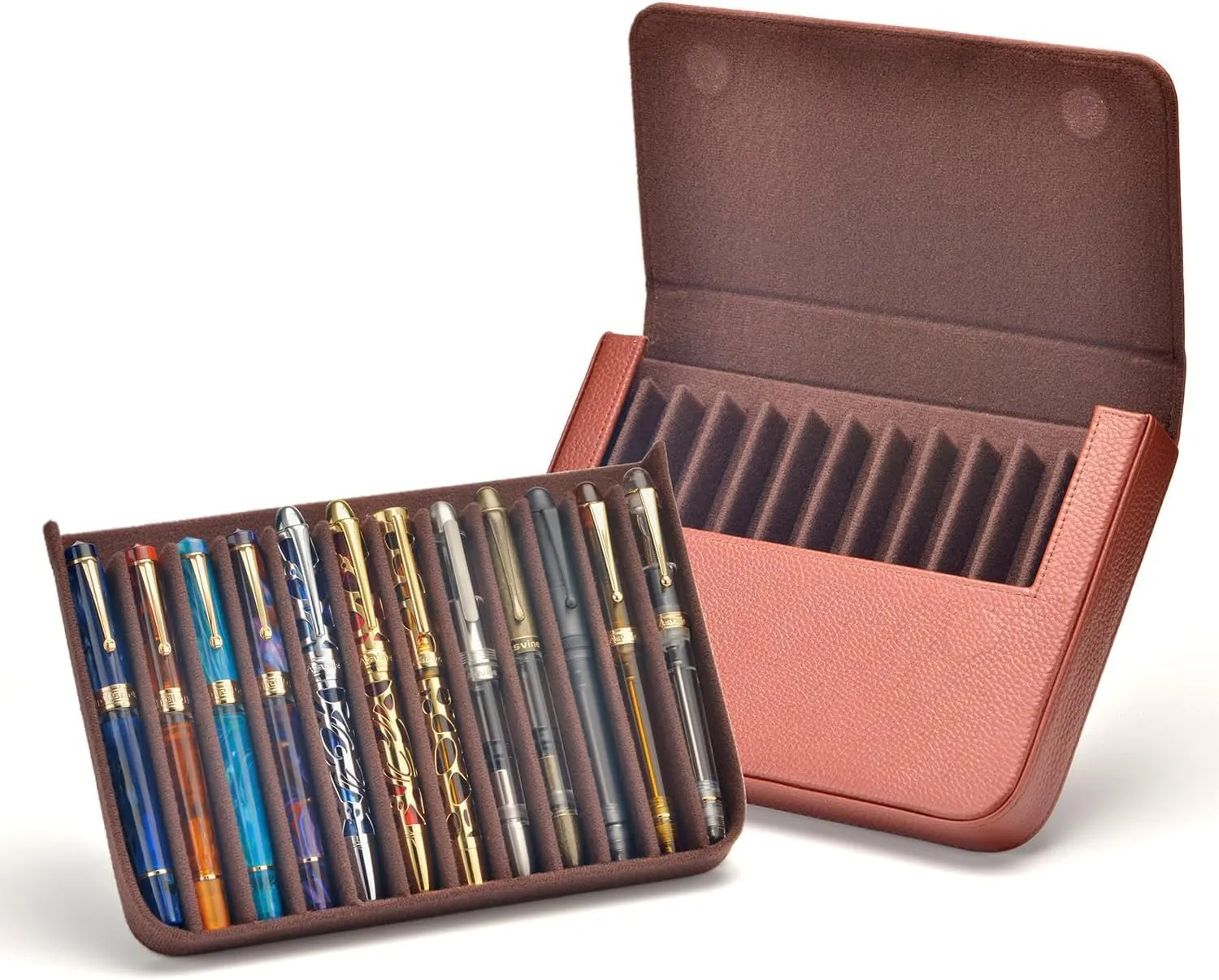 Lanxivi 12 Fountain Pen Case Genuine Coffee Leather Organizer, Portable Pen Bag Pouch Drawer Style