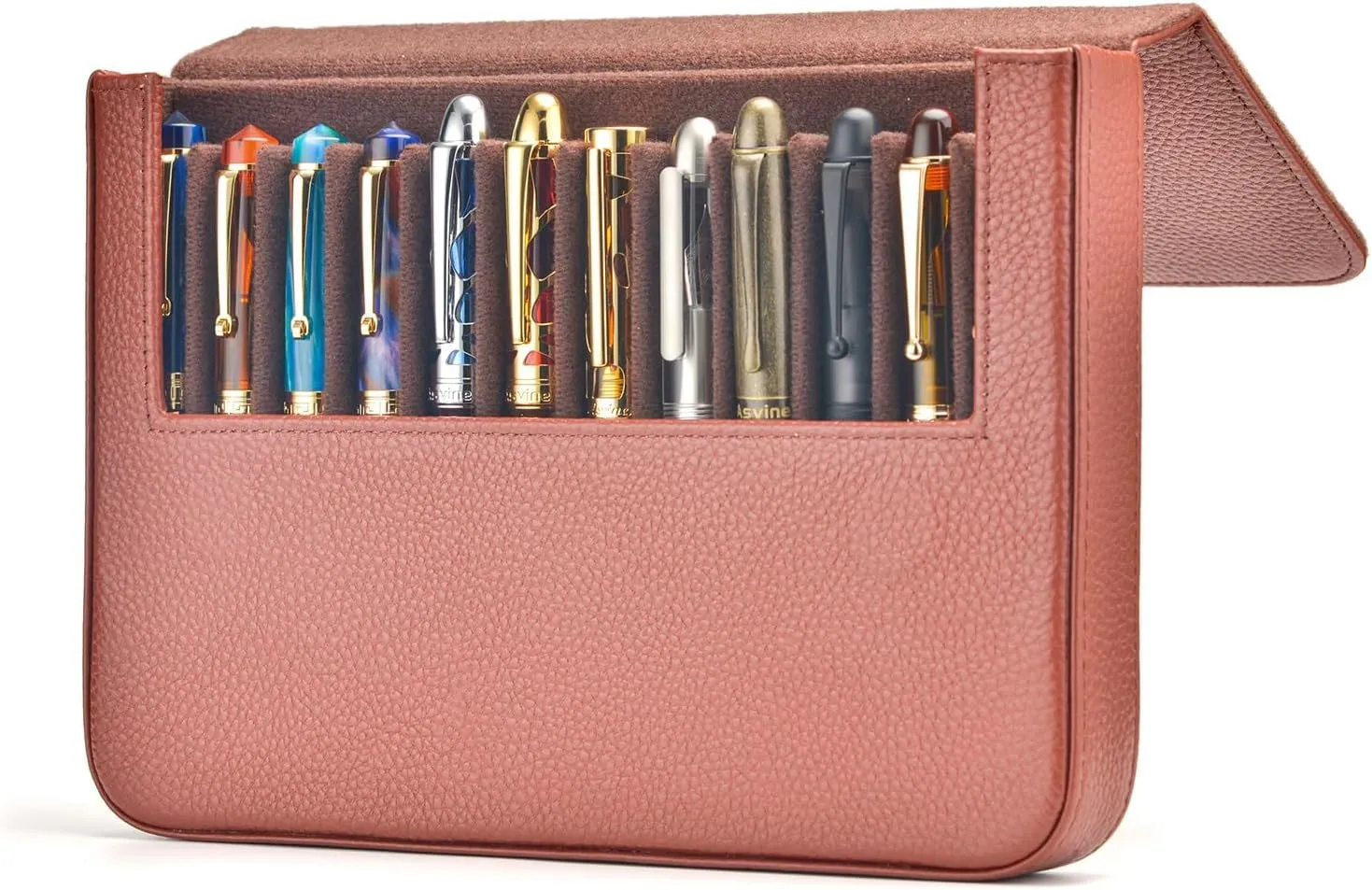 Lanxivi 12 Fountain Pen Case Genuine Coffee Leather Organizer, Portable Pen Bag Pouch Drawer Style