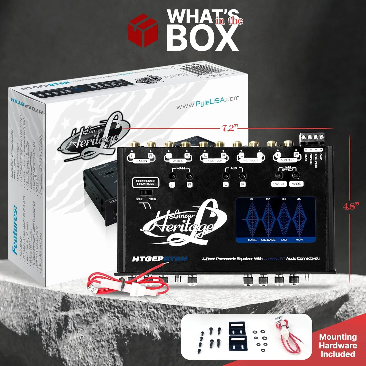 Lanzar 4 Band Parametric Equalizer - Wireless Streaming, Half Din Size, Rotary Fader, Input Gain Adjustments, Sub Output Volume/Sweep Control, Low Pass Crossover, 18 dB Boost, Blue Light Illumination