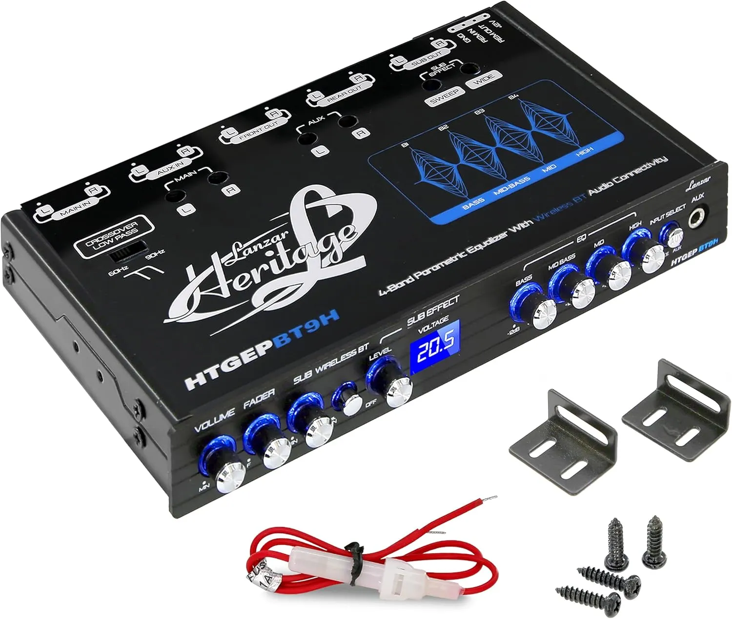 Lanzar 4 Band Parametric Equalizer - Wireless Streaming, Half Din Size, Rotary Fader, Input Gain Adjustments, Sub Output Volume/Sweep Control, Low Pass Crossover, 18 dB Boost, Blue Light Illumination