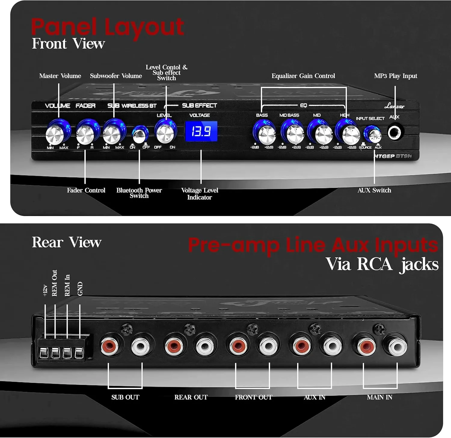 Lanzar 4 Band Parametric Equalizer - Wireless Streaming, Half Din Size, Rotary Fader, Input Gain Adjustments, Sub Output Volume/Sweep Control, Low Pass Crossover, 18 dB Boost, Blue Light Illumination