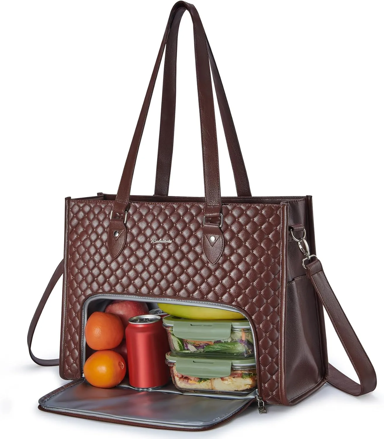 Laptop Bag with Insulated Lunch Compartment for Women, PU Leather 15.6 Inch Work Bag, Elegant Computer Handbag, Versatile Business Tote for Office,Travel or Casual-Chocolate Brown