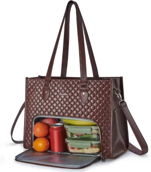 Laptop Bag with Insulated Lunch Compartment for Women, PU Leather 15.6 Inch Work Bag, Elegant Computer Handbag, Versatile Business Tote for Office,Travel or Casual-Chocolate Brown