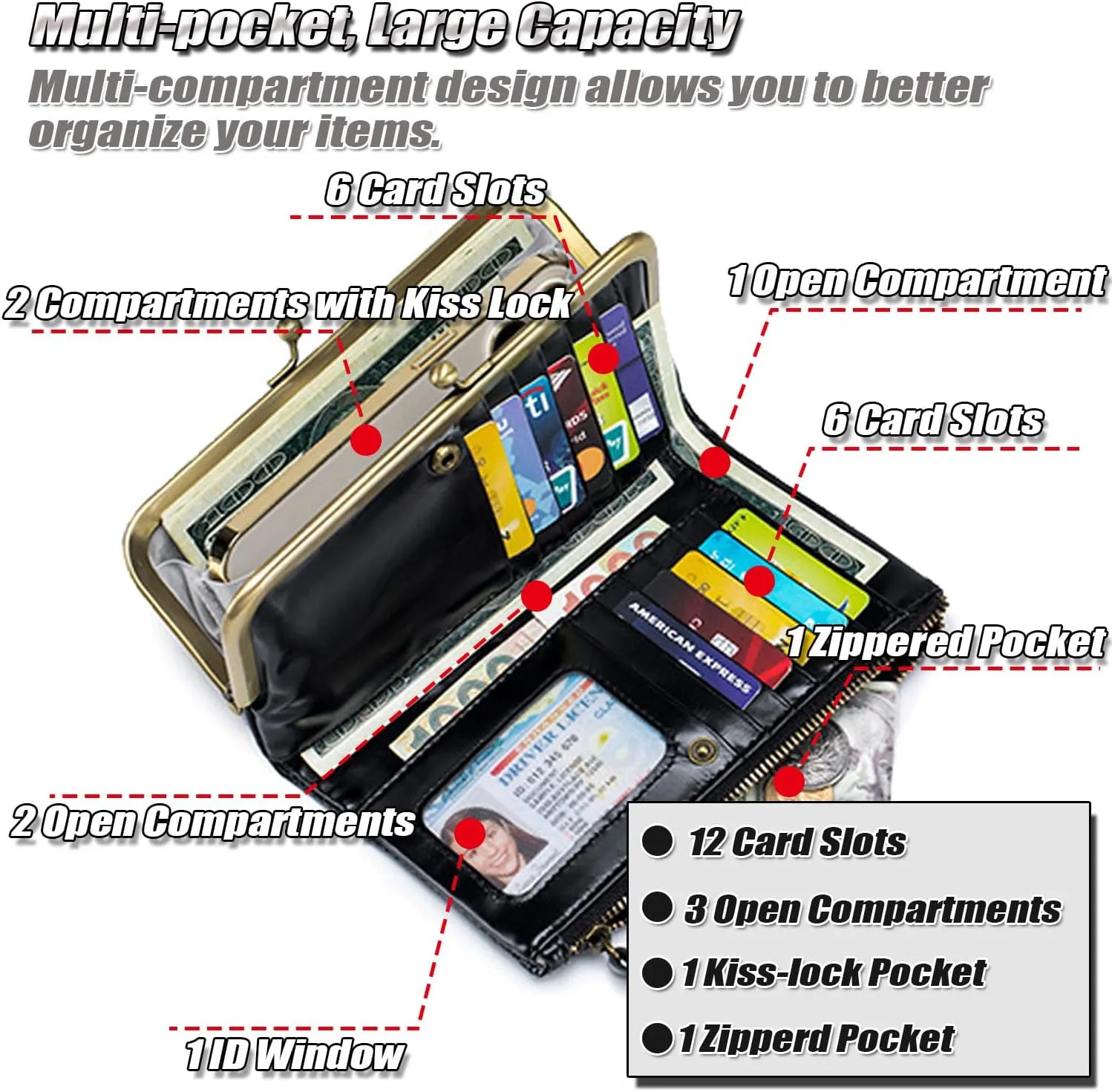 Large Bifold Wallet for Women Ladies Oil-waxed Leather Purse RFID-Blocking Credit Card Holder with Kiss-Lock Pocket