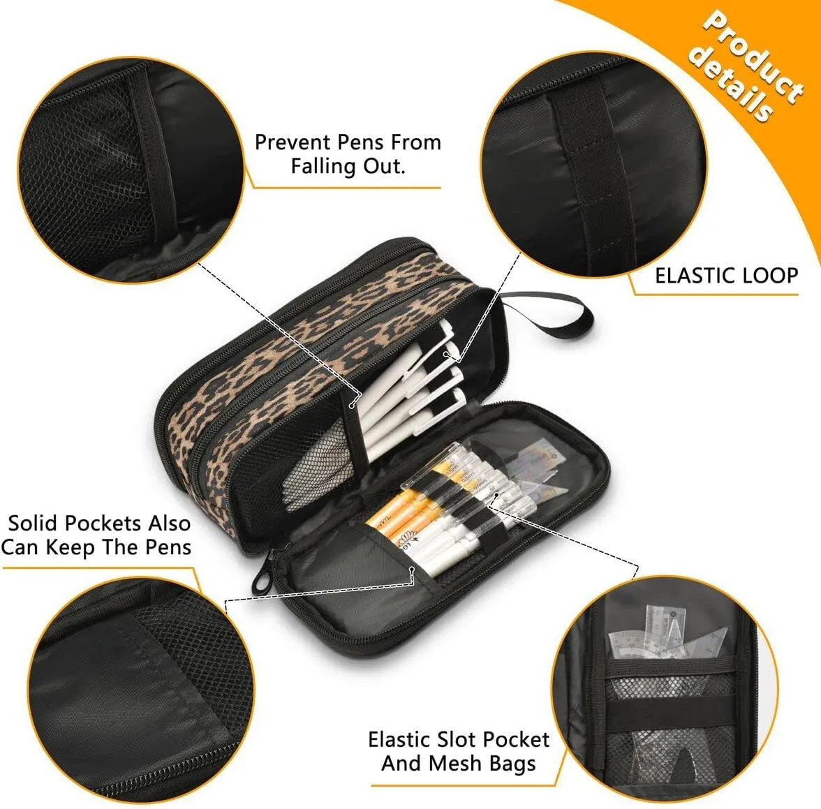Large Capacity Pencil Case 3 Compartment Pouch Pen Bag Cheeteh Leopard Print for Middle High School Office College
