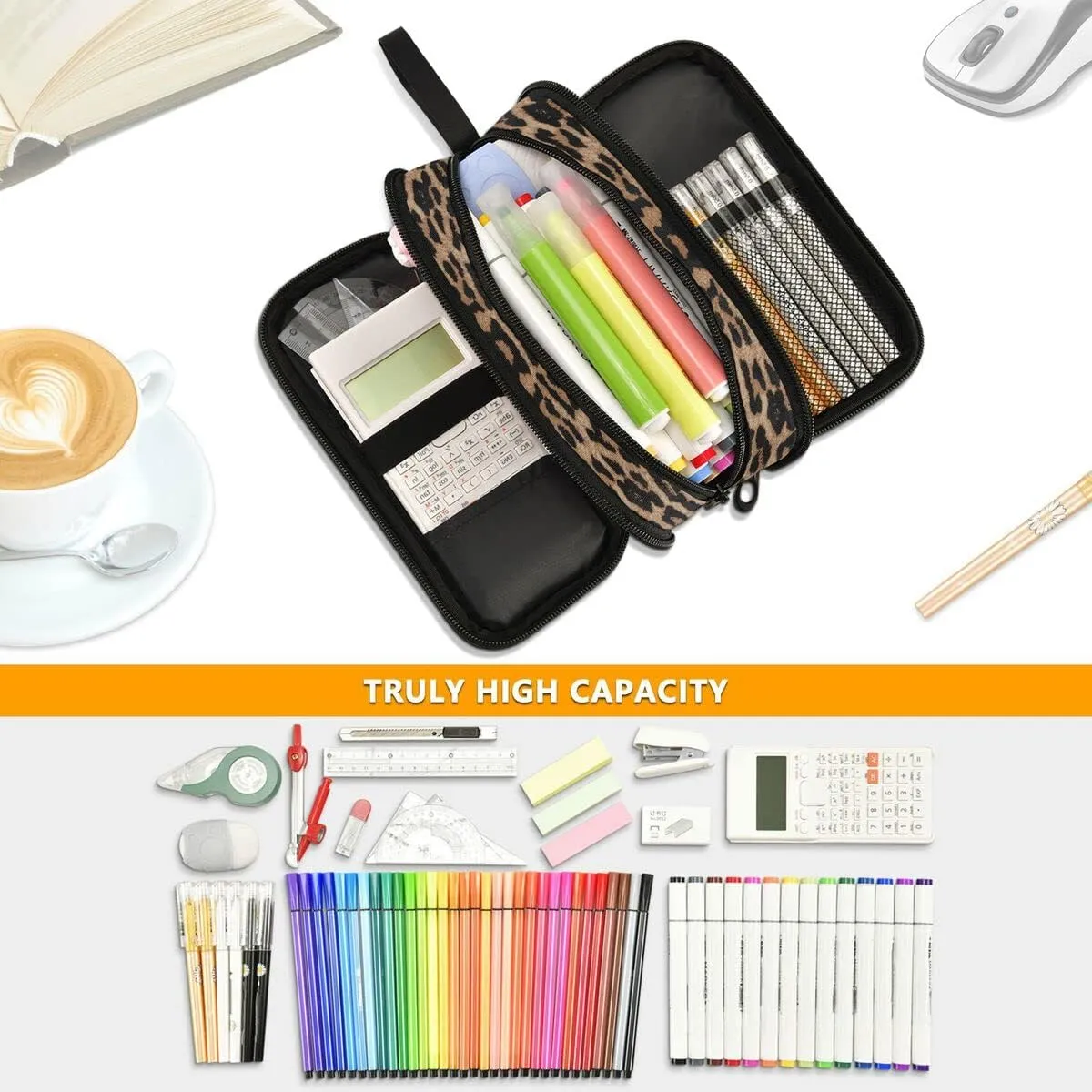Large Capacity Pencil Case 3 Compartment Pouch Pen Bag Cheeteh Leopard Print for Middle High School Office College