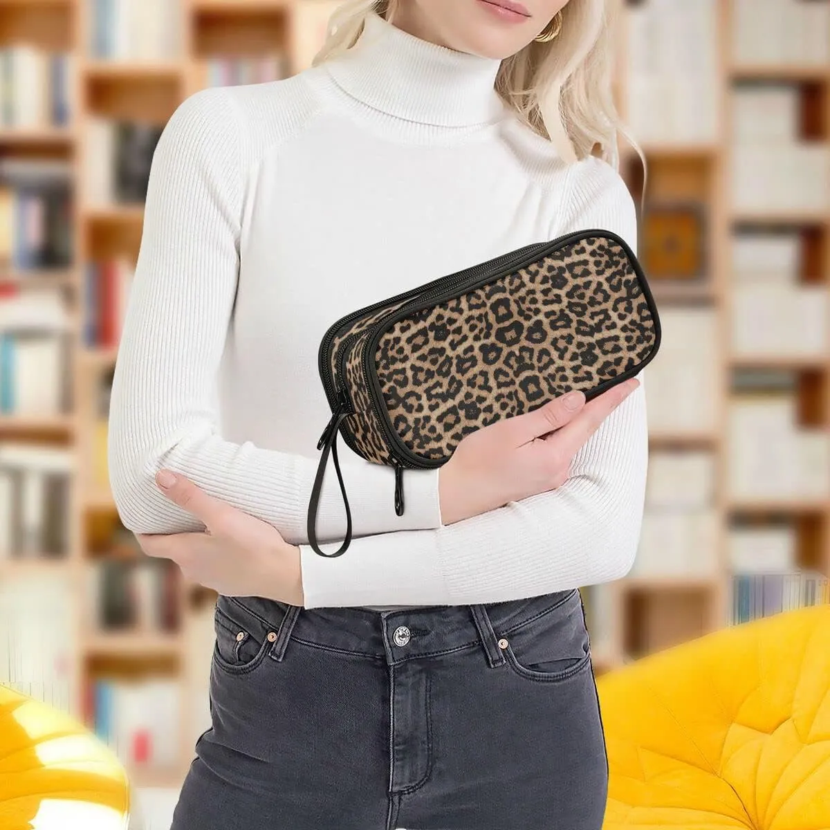 Large Capacity Pencil Case 3 Compartment Pouch Pen Bag Cheeteh Leopard Print for Middle High School Office College