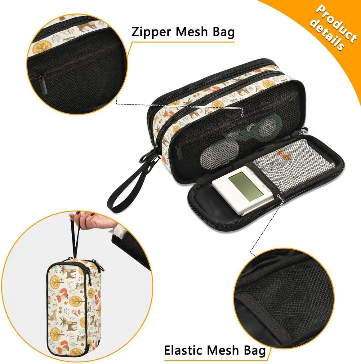Large Capacity Pencil Case 3 Compartment Pouch Pen Bag Forest Animals for Middle High School Office College