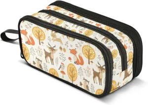 Large Capacity Pencil Case 3 Compartment Pouch Pen Bag Forest Animals for Middle High School Office College