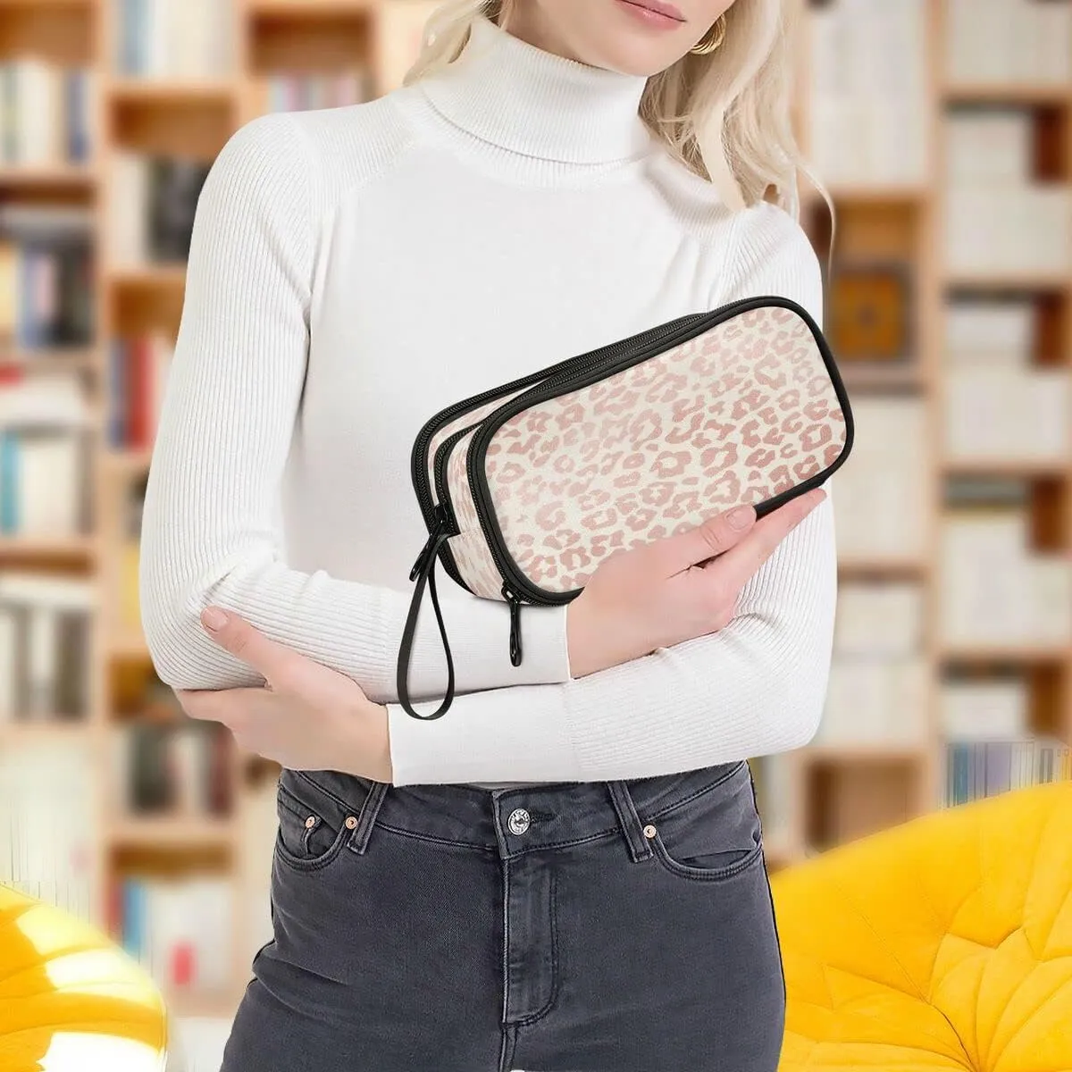 Large Capacity Pencil Case 3 Compartment Pouch Pen Bag Rose Gold Leopard Print Cheetah for Middle High School Office College