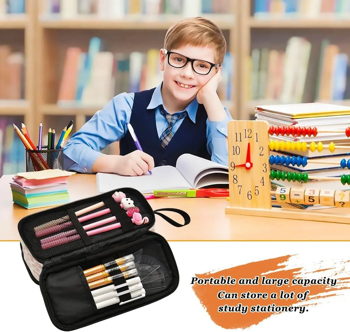 Large Capacity Pencil Case 3 Compartment Pouch Pen Bag Rose Gold Leopard Print Cheetah for Middle High School Office College