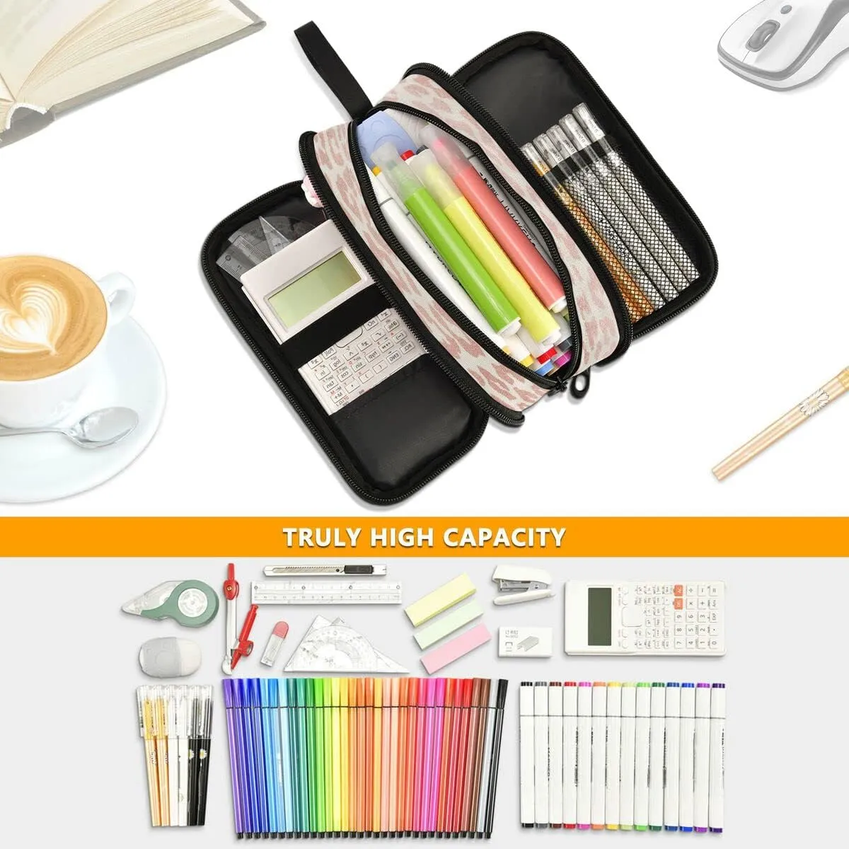 Large Capacity Pencil Case 3 Compartment Pouch Pen Bag Rose Gold Leopard Print Cheetah for Middle High School Office College