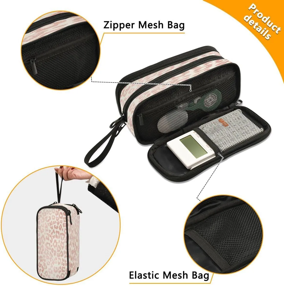 Large Capacity Pencil Case 3 Compartment Pouch Pen Bag Rose Gold Leopard Print Cheetah for Middle High School Office College