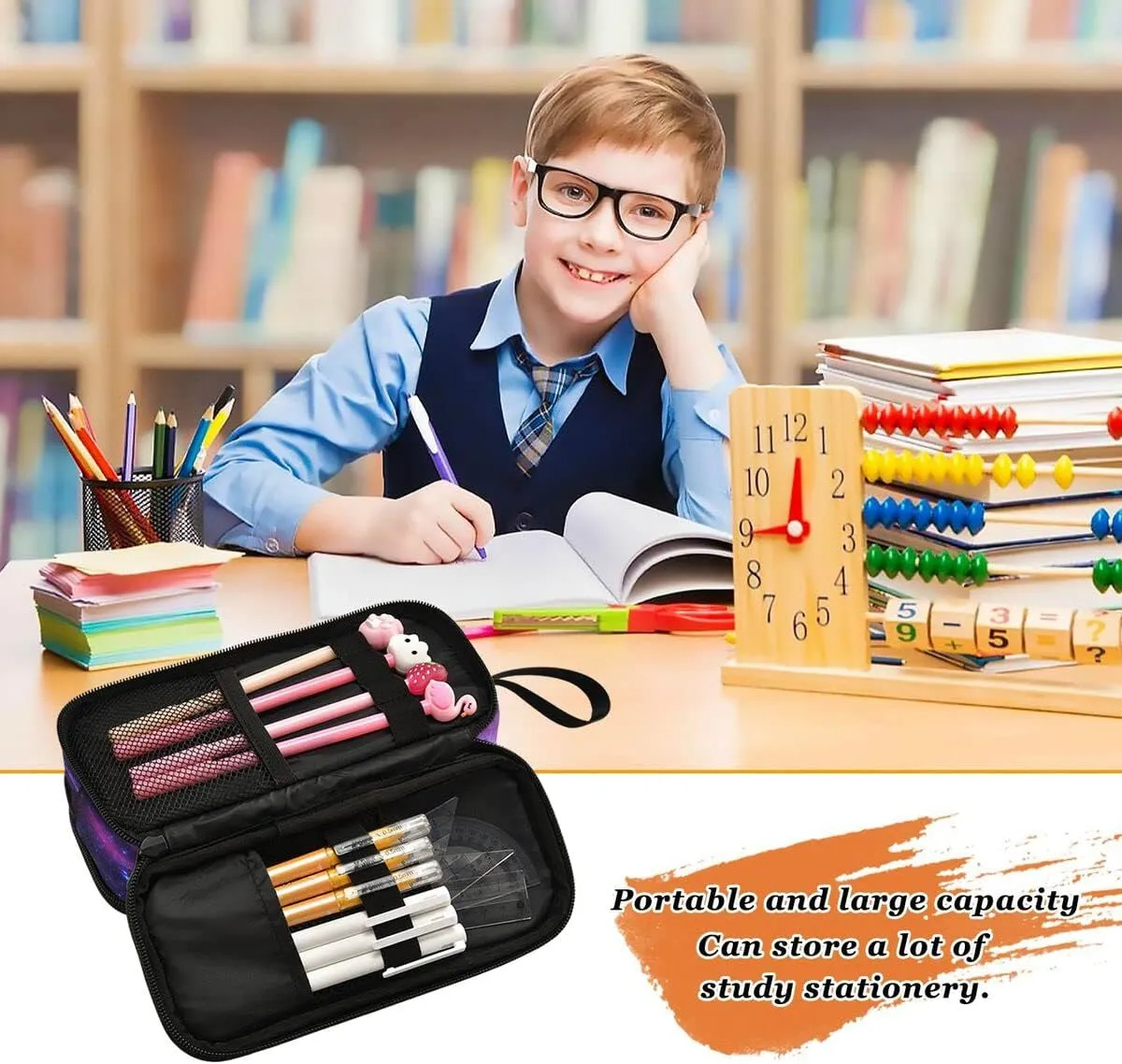 Large Capacity Pencil Case 3 Compartment Pouch Pen Bag Universe Galaxy Nebula Space for Middle High School Office College