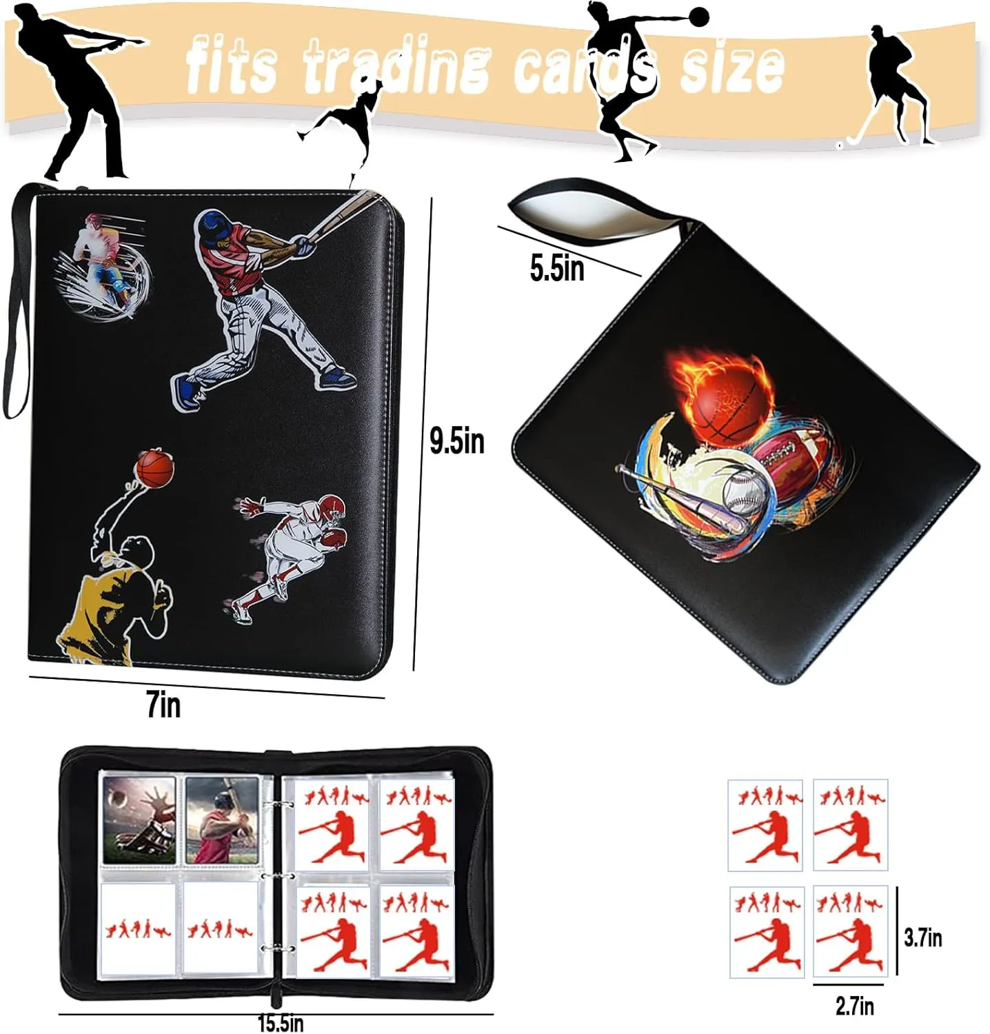 Large-Capacity Sports Card Binder with 4 Pockets and 50 Sleeves Fits 400 Cards, Perfect for Baseball, Football, Basketball, Hockey, Yu-Gi-Oh and MTG Card Games