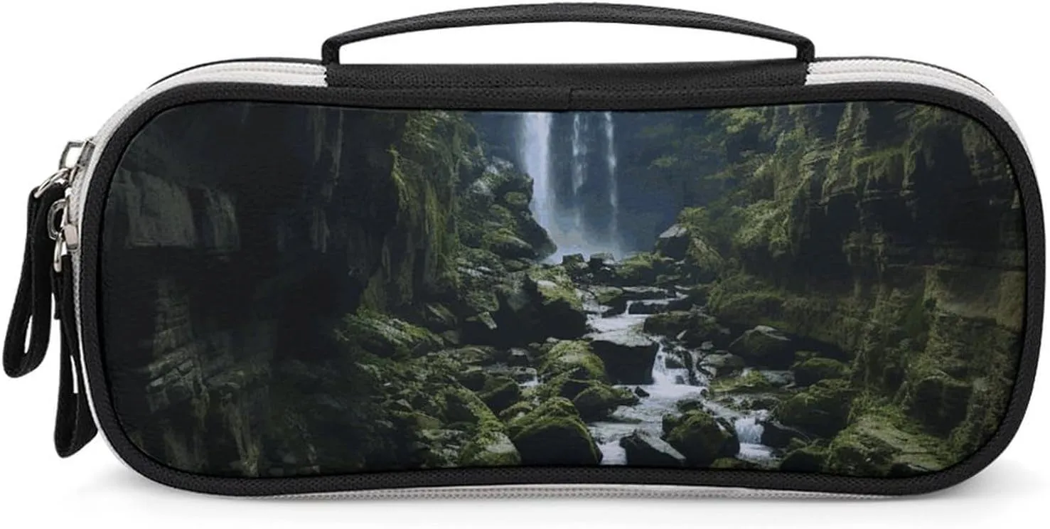 Large Makeup Bag for Purse Waterfall Cliff Cosmetic Bag for Women Travel Toiletry Bag with Handle Make Up Organizer Case Portable Pen Bag Small Pencil Case for Office