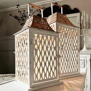 Large Ornate Caged Metal Candle Lanterns, Set of 2