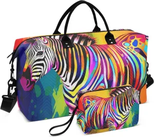 Large Travel Duffel Bag Sports Tote Gym Bag Overnight Weekender Bags Colorful Zebra Carry On Luggage with Toiletry Bags