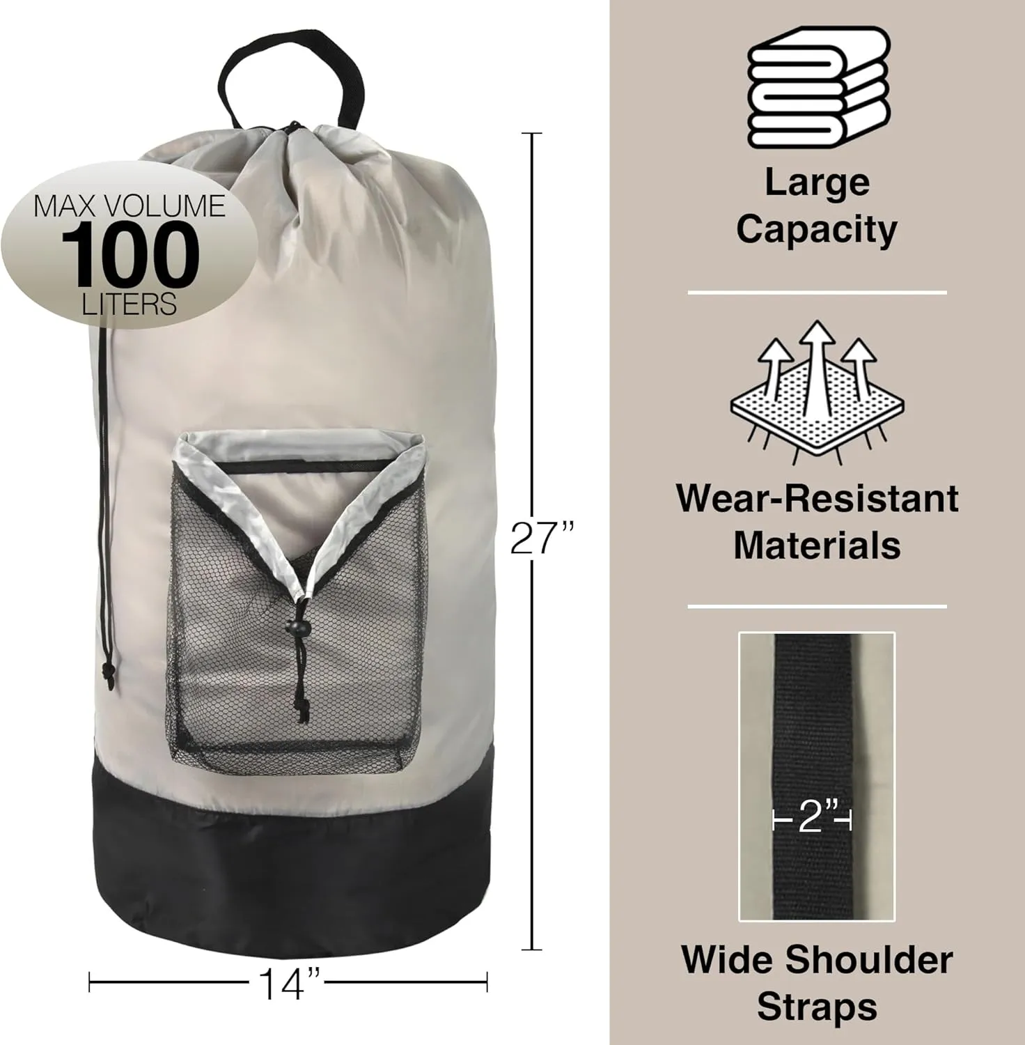 Laundry Bag Backpack with Shoulder Straps and Mesh Pocket Laundry Backpack Large Portable Laundry Hamper for College Laundromat Apartment with Drawstring Closure, Adjustable Back Straps (Khaki)