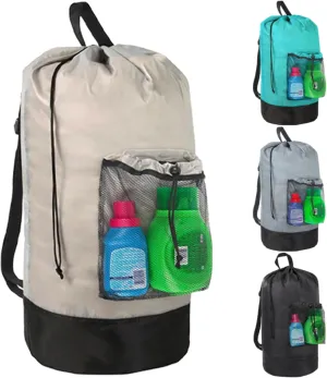 Laundry Bag Backpack with Shoulder Straps and Mesh Pocket Laundry Backpack Large Portable Laundry Hamper for College Laundromat Apartment with Drawstring Closure, Adjustable Back Straps (Khaki)