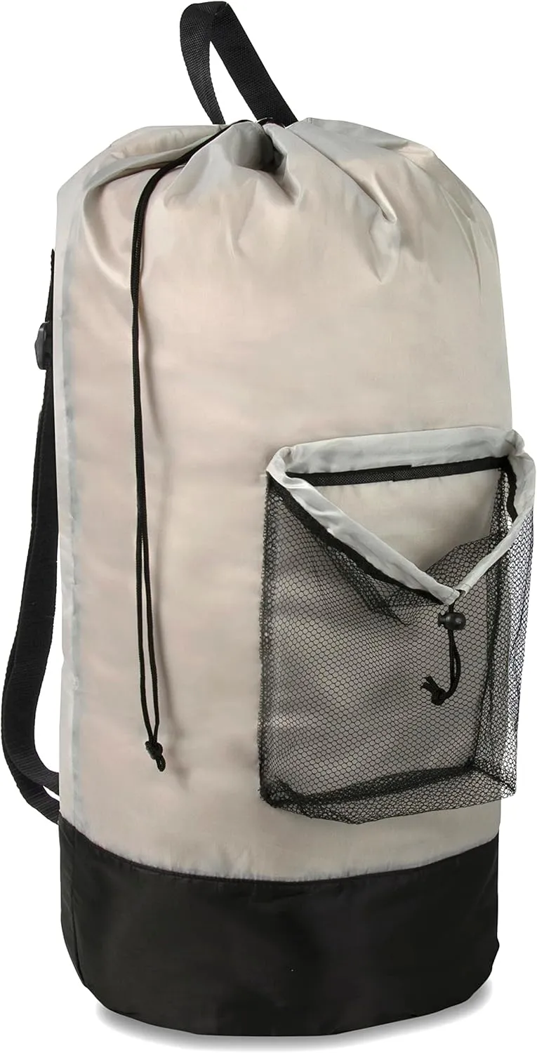 Laundry Bag Backpack with Shoulder Straps and Mesh Pocket Laundry Backpack Large Portable Laundry Hamper for College Laundromat Apartment with Drawstring Closure, Adjustable Back Straps (Khaki)