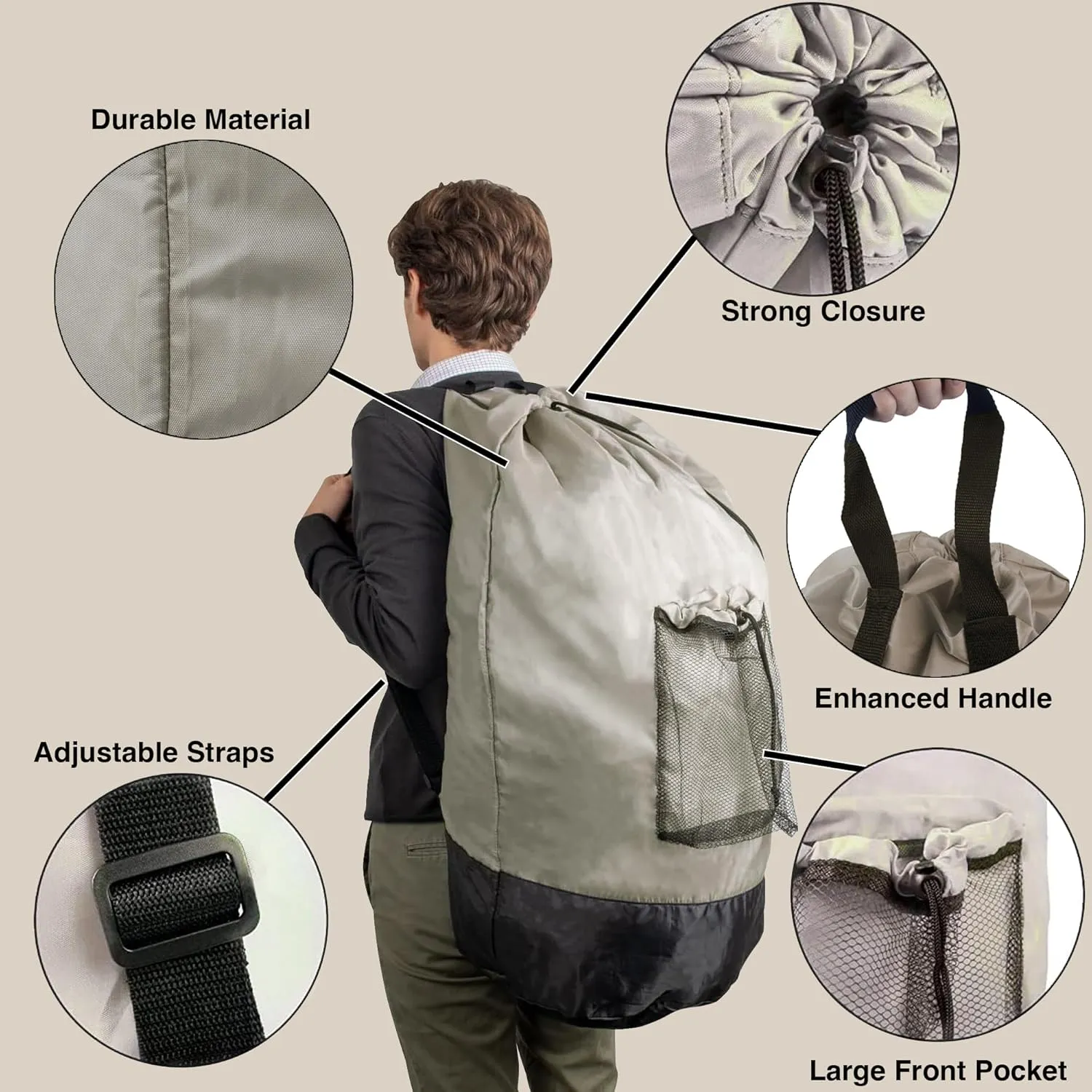 Laundry Bag Backpack with Shoulder Straps and Mesh Pocket Laundry Backpack Large Portable Laundry Hamper for College Laundromat Apartment with Drawstring Closure, Adjustable Back Straps (Khaki)