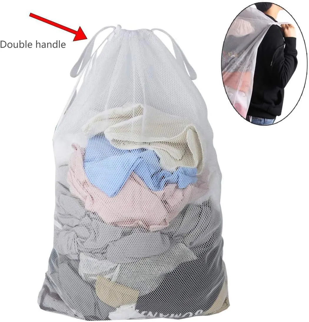Laundry Bag Drawstring Clothes Wash Bag Window Curtain Clothes Organizer Mesh Laundry Bag Home Dorm, Travel and Outdoor Activities Black/White Matching Set of 6 (Double Handle White Fine Mesh)