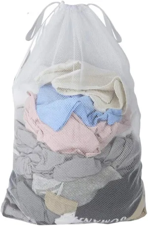 Laundry Bag Drawstring Clothes Wash Bag Window Curtain Clothes Organizer Mesh Laundry Bag Home Dorm, Travel and Outdoor Activities Black/White Matching Set of 6 (Double Handle White Fine Mesh)