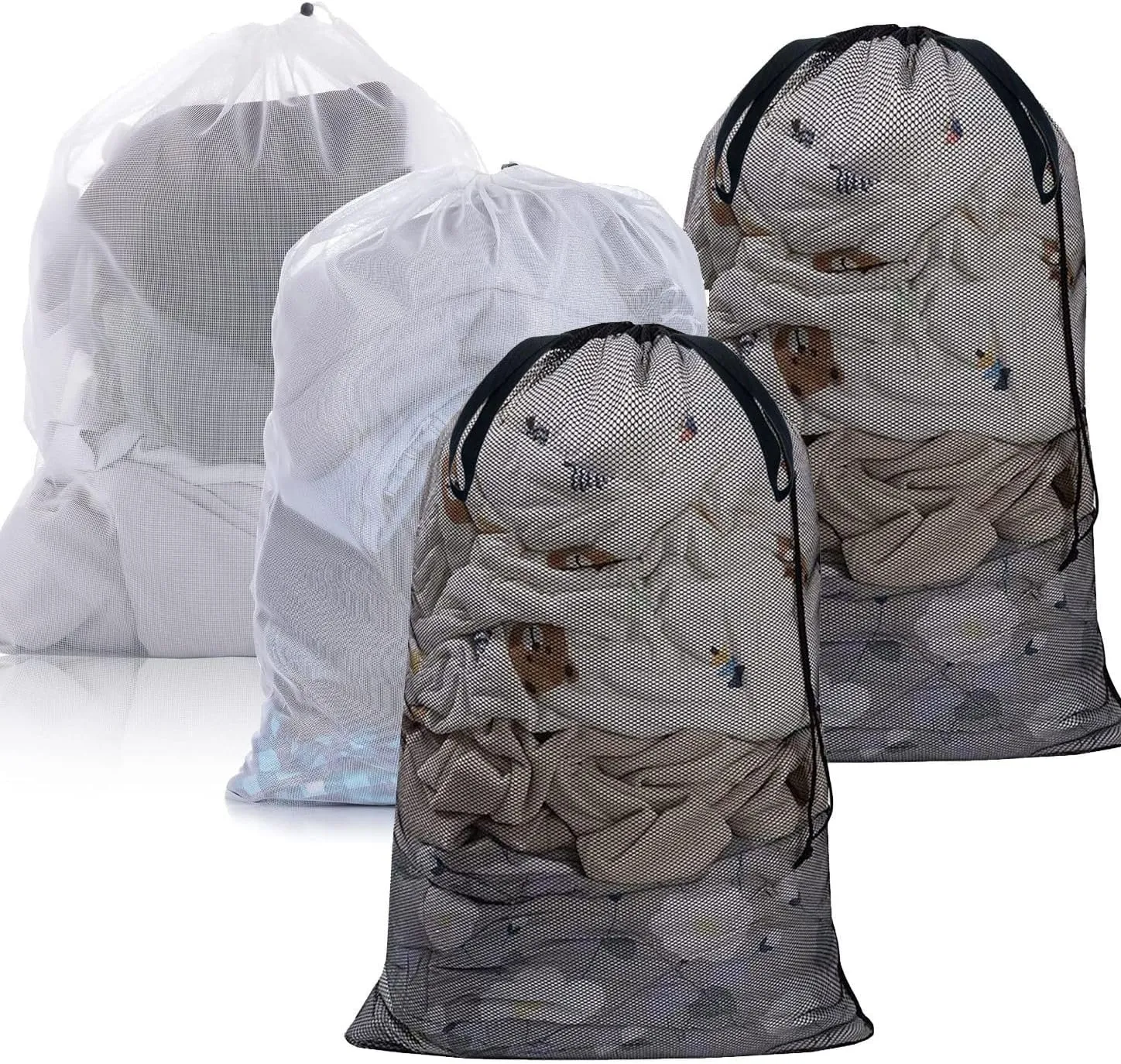 Laundry Bag Drawstring Clothes Wash Bag Window Curtain Clothes Organizer Mesh Laundry Bag Home Dorm, Travel and Outdoor Activities Black/White Matching Set of 6 (Double Handle White Fine Mesh)