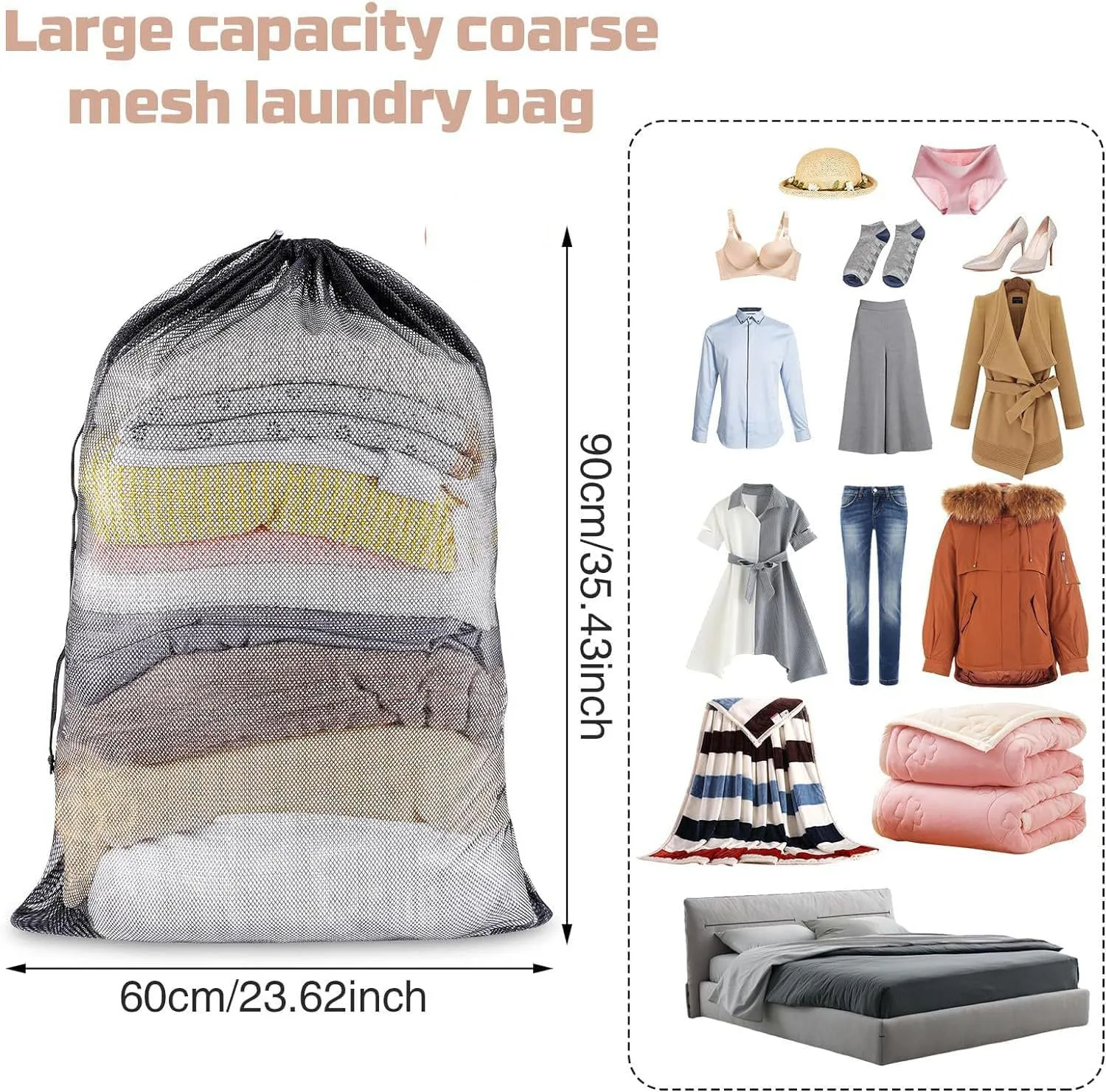 Laundry Bag Drawstring Clothes Wash Bag Window Curtain Clothes Organizer Mesh Laundry Bag Home Dorm, Travel and Outdoor Activities Black/White Matching Set of 6 (Double Handle White Fine Mesh)