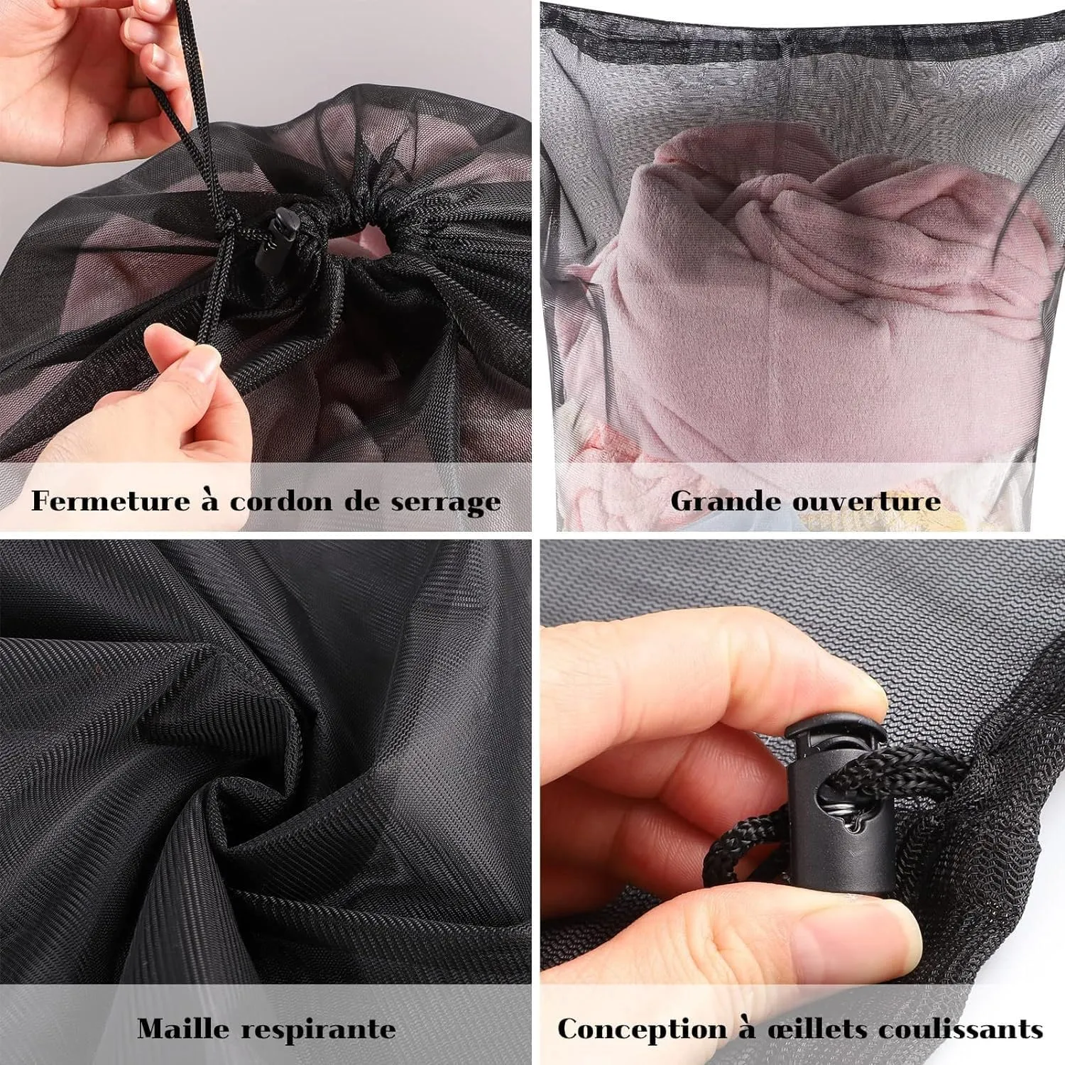 Laundry Bag Drawstring Clothes Wash Bag Window Curtain Clothes Organizer Mesh Laundry Bag Home Dorm, Travel and Outdoor Activities Black/White Matching Set of 6 (Double Handles Black Thick Mesh)
