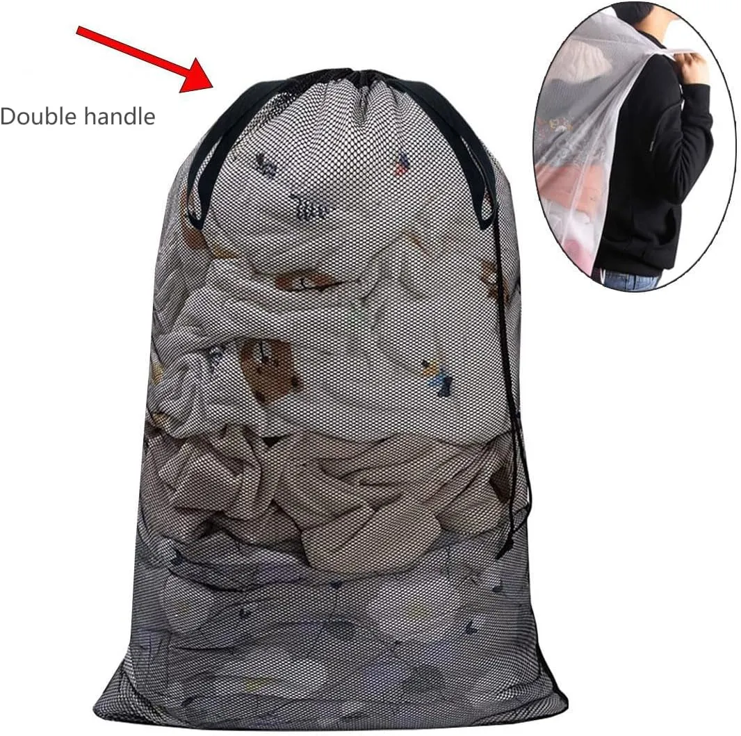 Laundry Bag Drawstring Clothes Wash Bag Window Curtain Clothes Organizer Mesh Laundry Bag Home Dorm, Travel and Outdoor Activities Black/White Matching Set of 6 (Double Handles Black Thick Mesh)