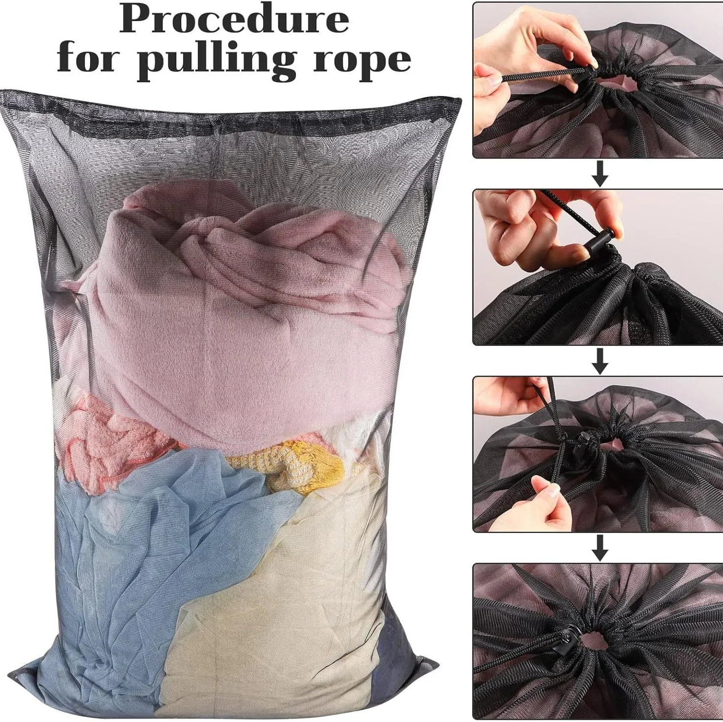 Laundry Bag Drawstring Clothes Wash Bag Window Curtain Clothes Organizer Mesh Laundry Bag Home Dorm, Travel and Outdoor Activities Black/White Matching Set of 6 (Double Handles Black Thick Mesh)