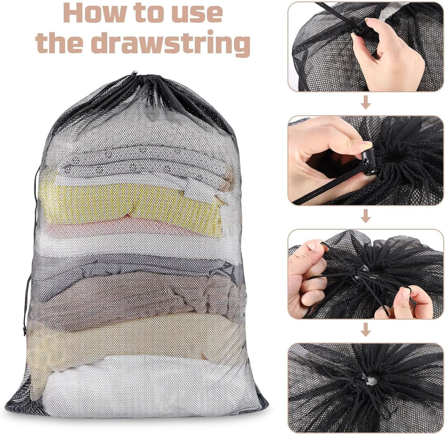 Laundry Bag Drawstring Clothes Wash Bag Window Curtain Clothes Organizer Mesh Laundry Bag Home Dorm, Travel and Outdoor Activities Black/White Matching Set of 6 (Double Handles Black Thick Mesh)