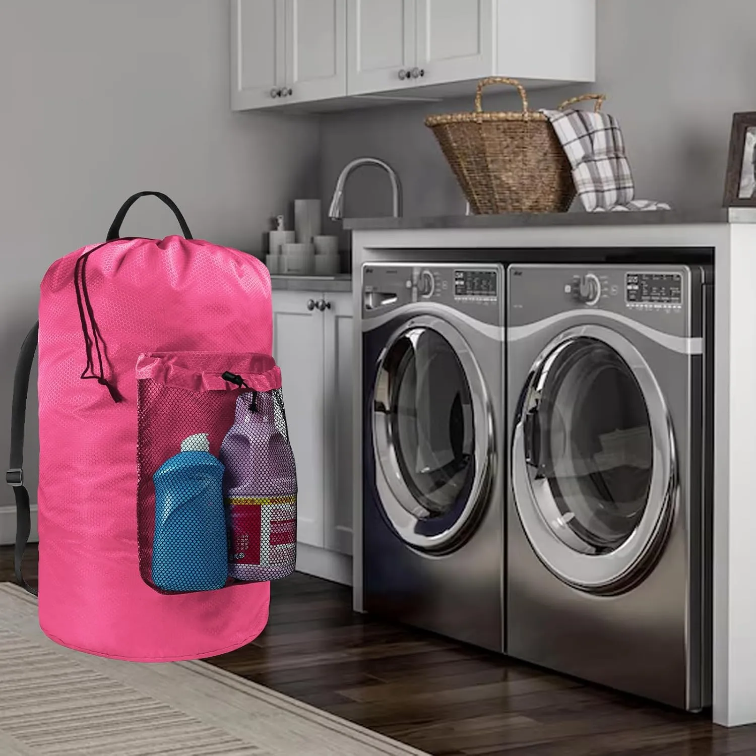 Laundry Bag with Shoulder Straps and Mesh Pocket Laundry Backpack Large Portable Laundry Hamper for College Laundromat Apartment