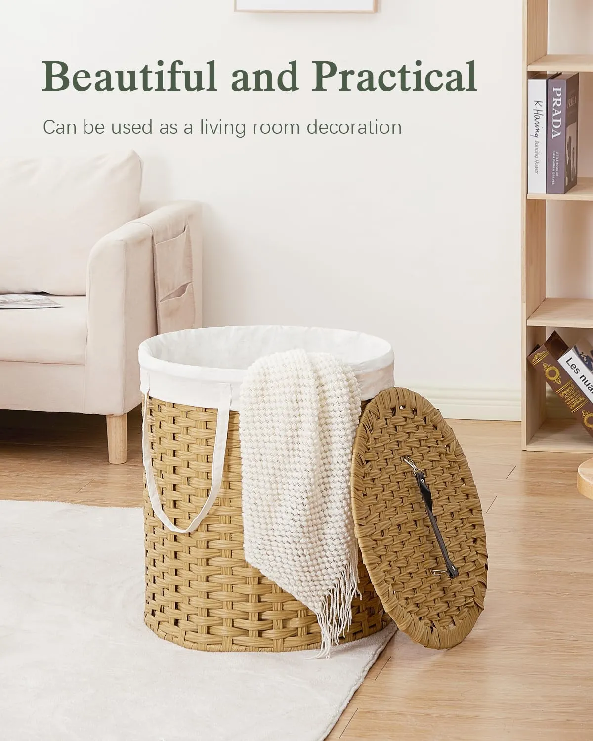 Laundry Hamper with Lid Wicker Laundry Hamper Round 26.5 Gal (100 L) Laundry Basket Handwoven Rattan Laundry Basket with Removable Bag Handles 2 Mesh Bags for Living Room Bedroom Natural