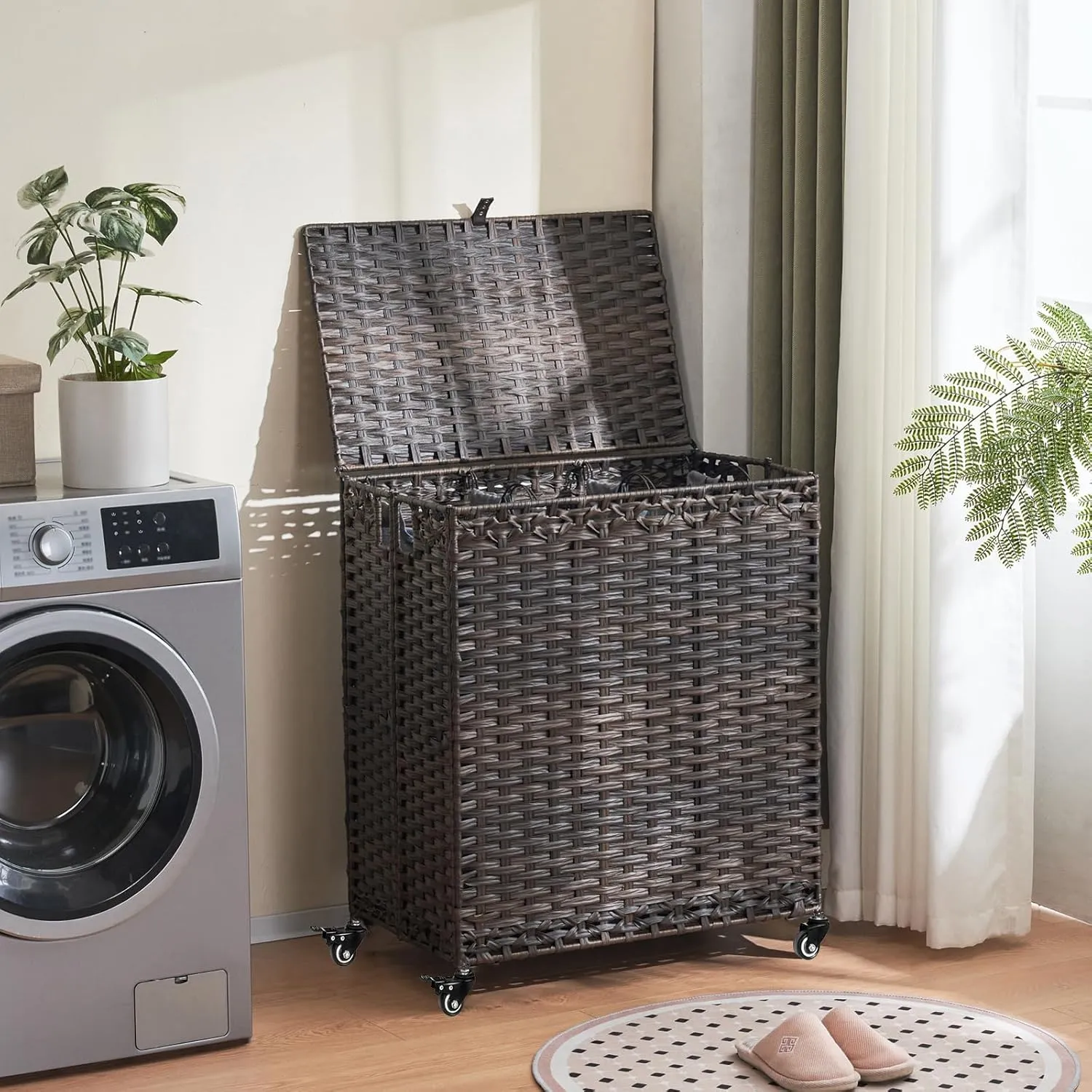 Laundry Hamper with Wheels&Lid, 50.2 Gallons(190L) Rolling Laundry Basket with Wheels, 3-Section Laundry Hamper, Handwoven Rattan Clothes Hamper with 3 Removable Liner&3 Mesh Laundry Bags, Brown