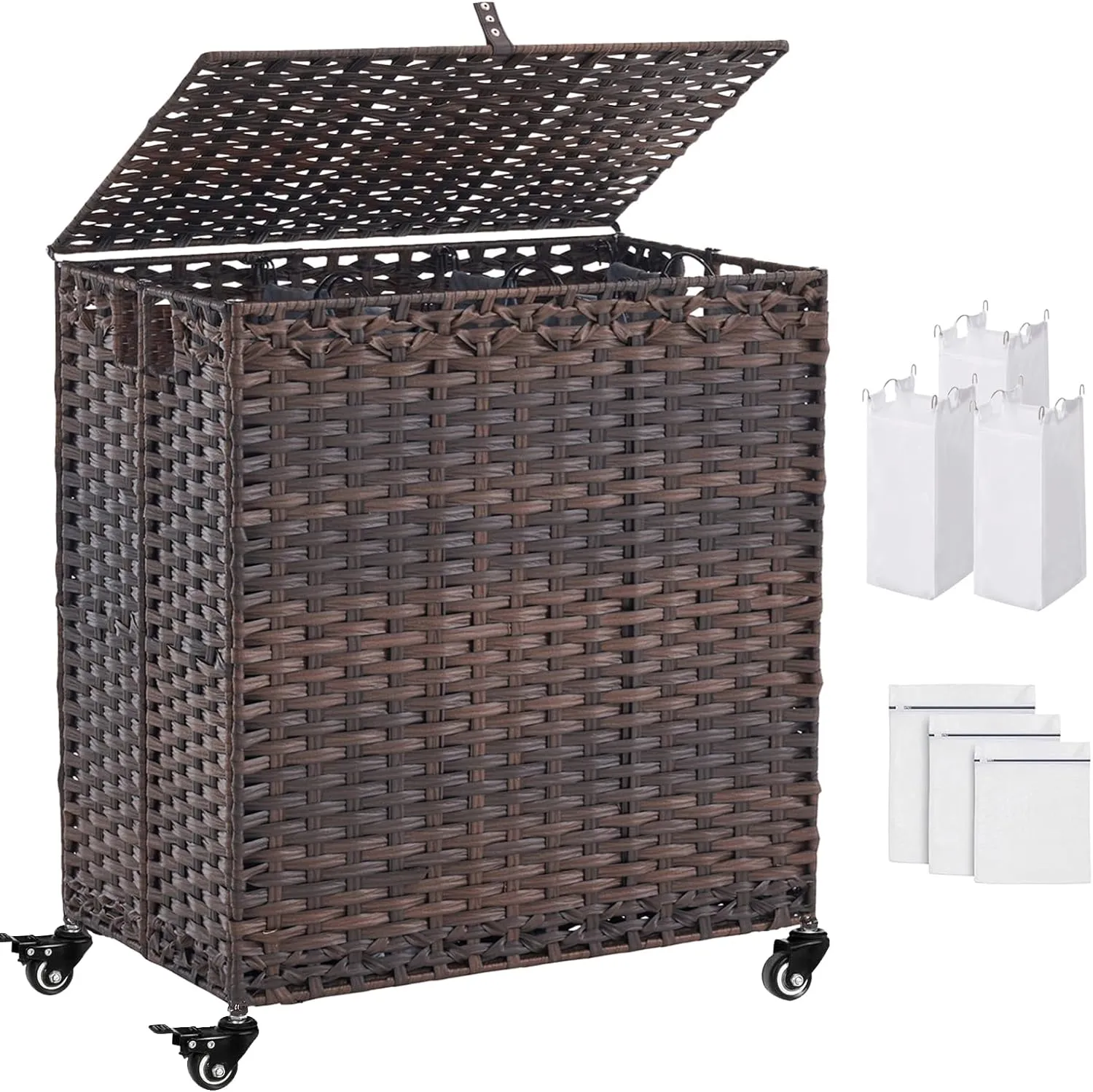 Laundry Hamper with Wheels&Lid, 50.2 Gallons(190L) Rolling Laundry Basket with Wheels, 3-Section Laundry Hamper, Handwoven Rattan Clothes Hamper with 3 Removable Liner&3 Mesh Laundry Bags, Brown