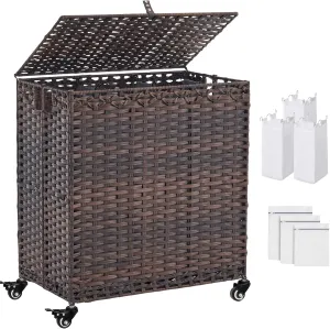 Laundry Hamper with Wheels&Lid, 50.2 Gallons(190L) Rolling Laundry Basket with Wheels, 3-Section Laundry Hamper, Handwoven Rattan Clothes Hamper with 3 Removable Liner&3 Mesh Laundry Bags, Brown