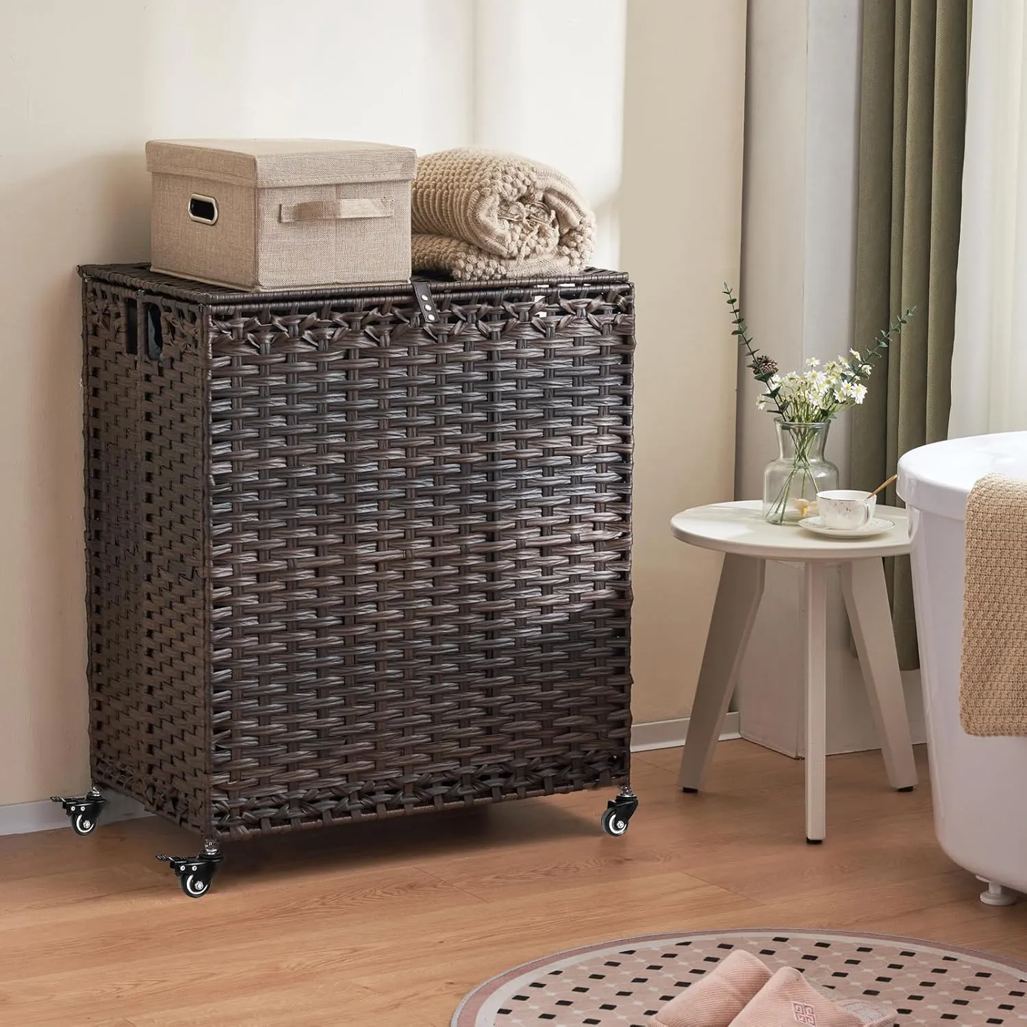 Laundry Hamper with Wheels&Lid, 50.2 Gallons(190L) Rolling Laundry Basket with Wheels, 3-Section Laundry Hamper, Handwoven Rattan Clothes Hamper with 3 Removable Liner&3 Mesh Laundry Bags, Brown
